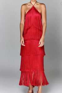 O satin fringe layer halter dress