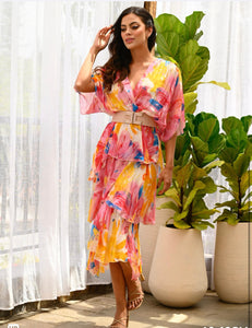 V Layers print silk dress