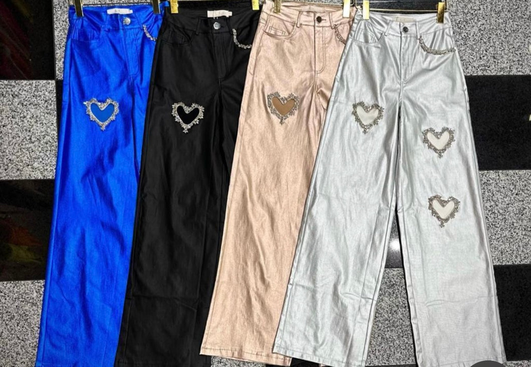 Lc metallic pants with open heart rhinstone