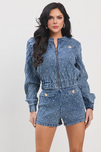 Tsc washed denim jacket  pants set with crystals embellishments