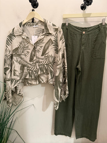 Ks 2pcs linen print top/solid pants