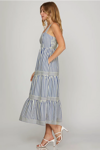 Ss sleeveless striped midi dress with pockets navy