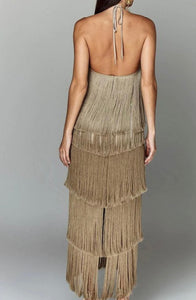 O satin fringe layer halter dress