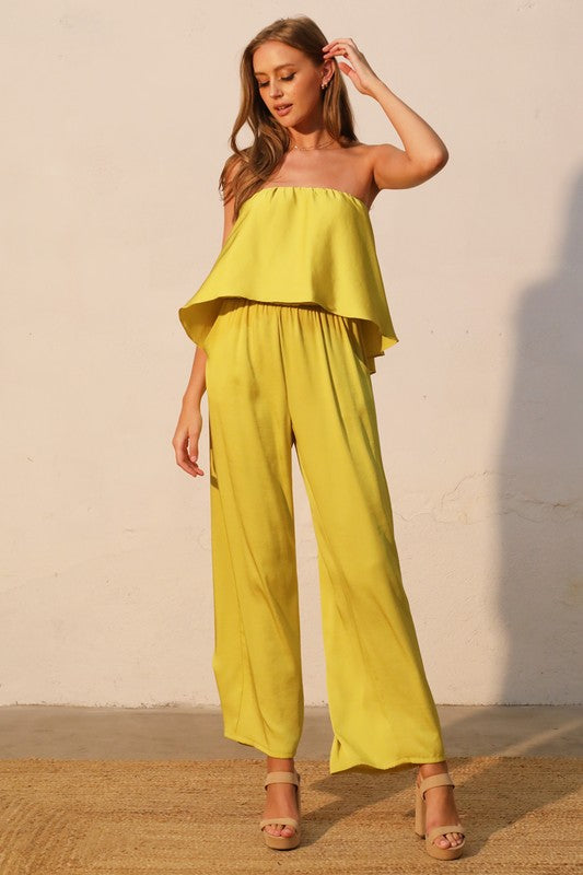 T silk cascade strapless jumpsuit