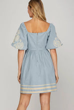 Load image into Gallery viewer, Ss embroidery puff sleeve denim mini dress