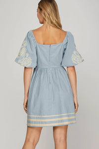 Ss embroidery puff sleeve denim mini dress