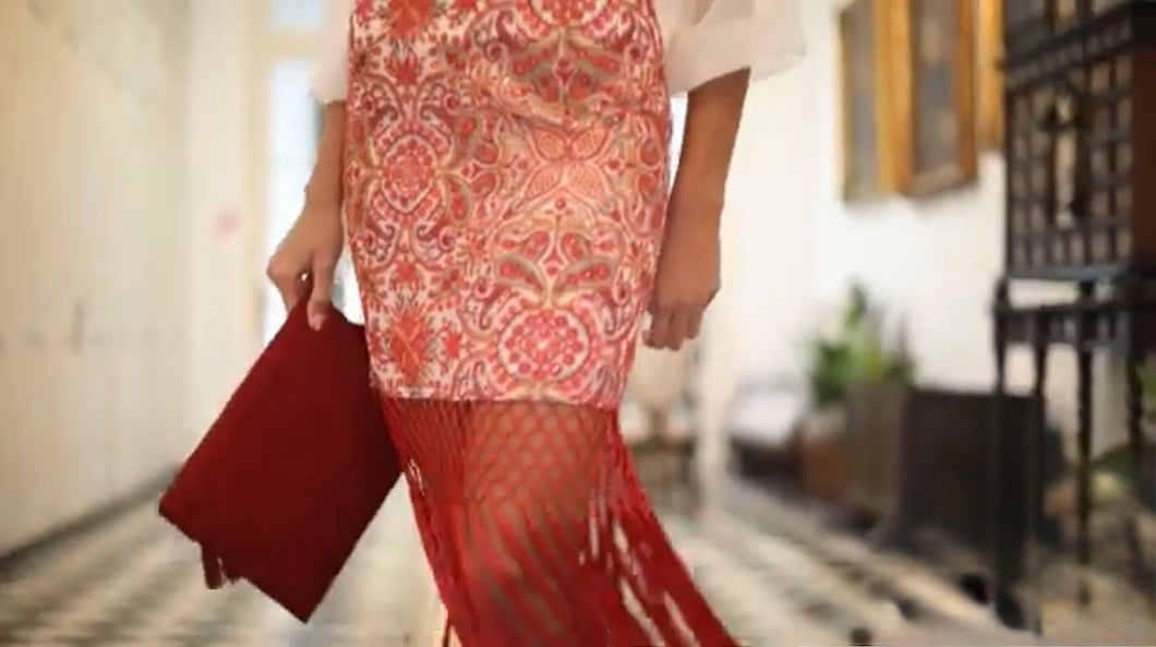 K Fringe embroidery midi skirt