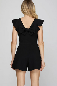 Ss Ruffled sleeve knit romper/back bow