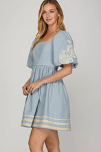 Load image into Gallery viewer, Ss embroidery puff sleeve denim mini dress