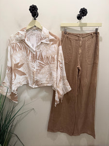 Ks 2pcs linen print top/solid pants