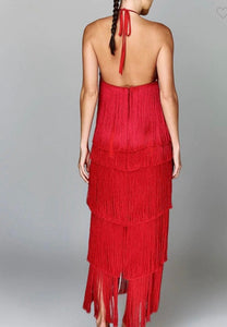 O satin fringe layer halter dress