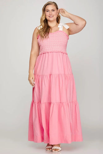 Ss shoulder satin tie contrasts smocking tiered maxi dress pink regular size