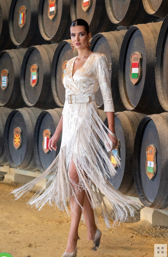 K v neck catavino damask fringe midi dress