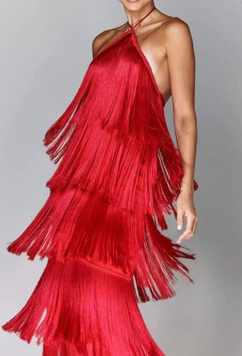 O satin fringe layer halter dress