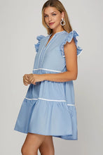 Load image into Gallery viewer, Ss tiered woven dress contrast pipping blue