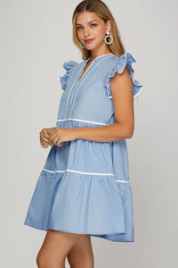 Ss tiered woven dress contrast pipping blue