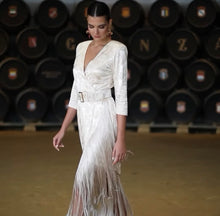 Load image into Gallery viewer, K v neck catavino damask fringe midi dress