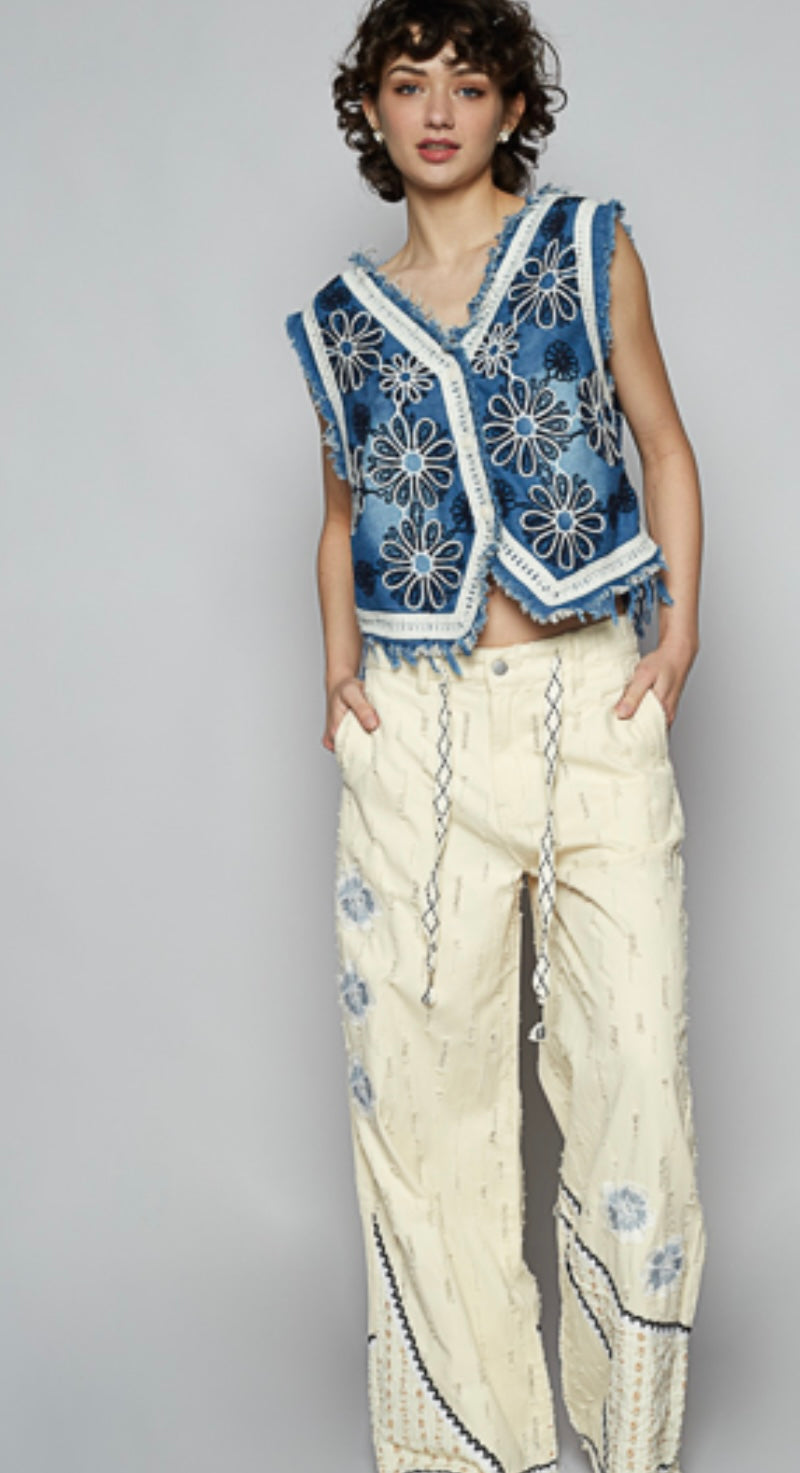 P denim embroidered vest