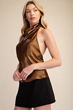 Load image into Gallery viewer, G halter cowl neck open back satin metalic top
