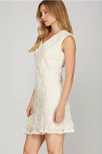 Load image into Gallery viewer, Ss sleeveless shoulder pad v neck lace mini dress