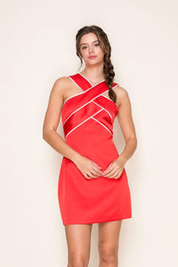 Br contrast piping halter neck  bodycon mini dress