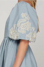 Load image into Gallery viewer, Ss embroidery puff sleeve denim mini dress