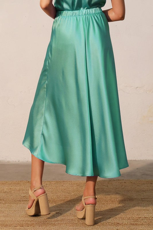 T satin midi swing skirt