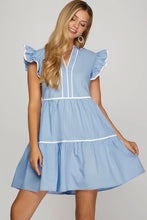 Load image into Gallery viewer, Ss tiered woven dress contrast pipping blue