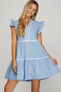 Ss tiered woven dress contrast pipping blue