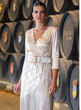 Load image into Gallery viewer, K v neck catavino damask fringe midi dress