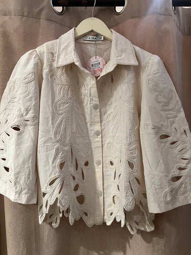 V beige linen top