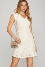 Load image into Gallery viewer, Ss sleeveless shoulder pad v neck lace mini dress