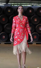 Load image into Gallery viewer, K Embroidery wrap around dress with gold fringe