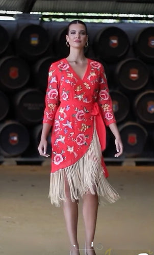 K Embroidery wrap around dress with gold fringe