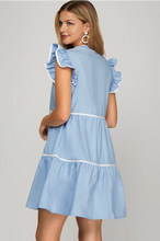 Load image into Gallery viewer, Ss tiered woven dress contrast pipping blue