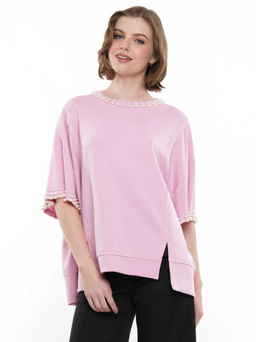 W pink top with pearls