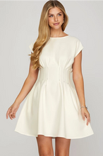 Load image into Gallery viewer, Ss drop shoulder stretched woven waist pintuck  dress white with contrast  stitching
