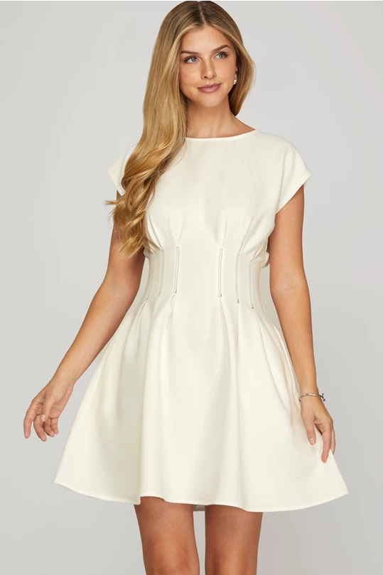 Ss drop shoulder stretched woven waist pintuck  dress white with contrast  stitching