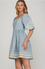 Load image into Gallery viewer, Ss embroidery puff sleeve denim mini dress