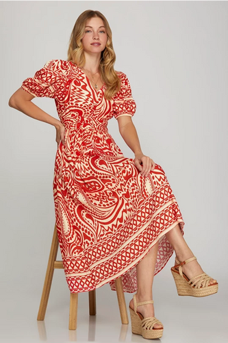 Ss short sleeve border printed woven midi dress