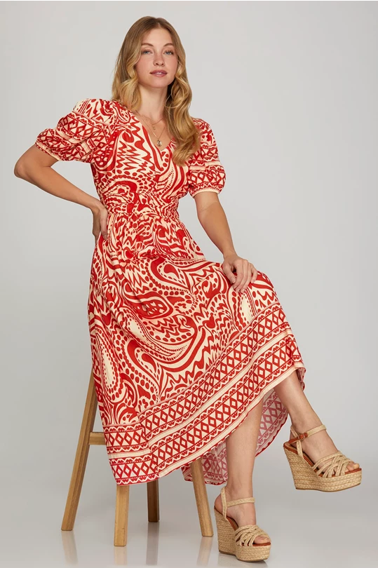 Ss short sleeve border printed woven midi dress