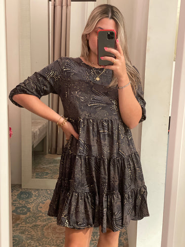 P 3/4 sleeve black dress with gold details