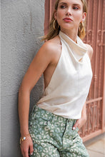 Load image into Gallery viewer, G halter cowl neck open back satin metalic top