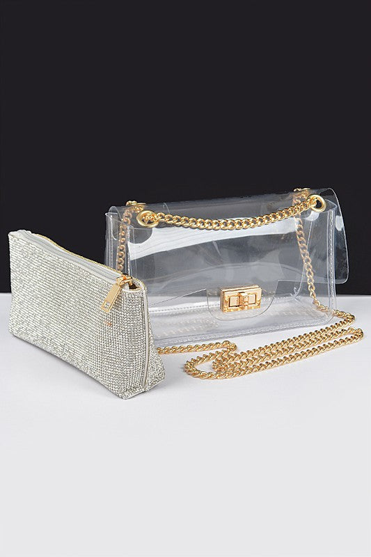 Hd rhistone mini bag with clear crossbody bag