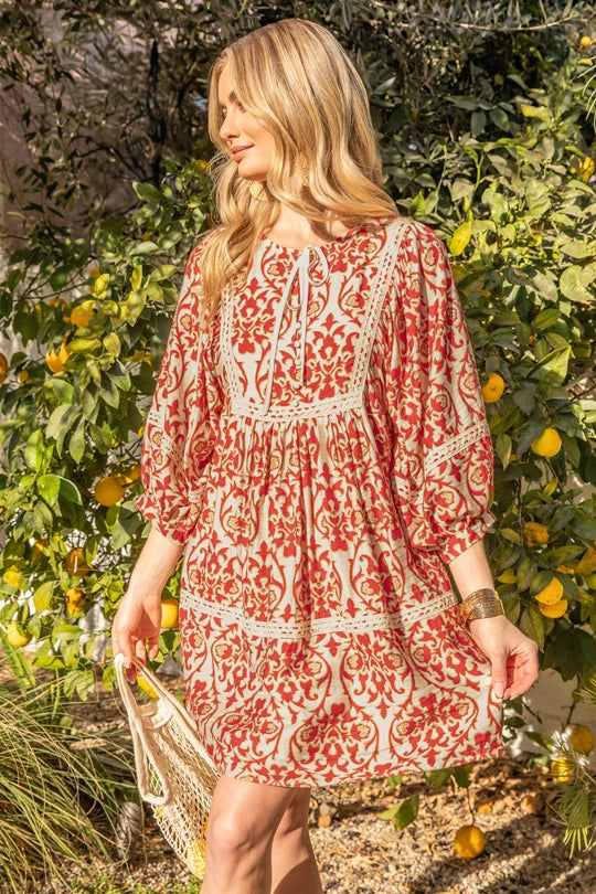 Ss 1/2 sleeve pattern print woven red dress /pockets