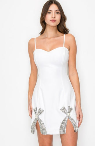 I Bow Rhinstone slit mini dress
