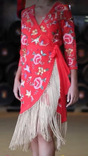 Load image into Gallery viewer, K Embroidery wrap around dress with gold fringe