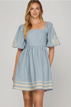 Load image into Gallery viewer, Ss embroidery puff sleeve denim mini dress