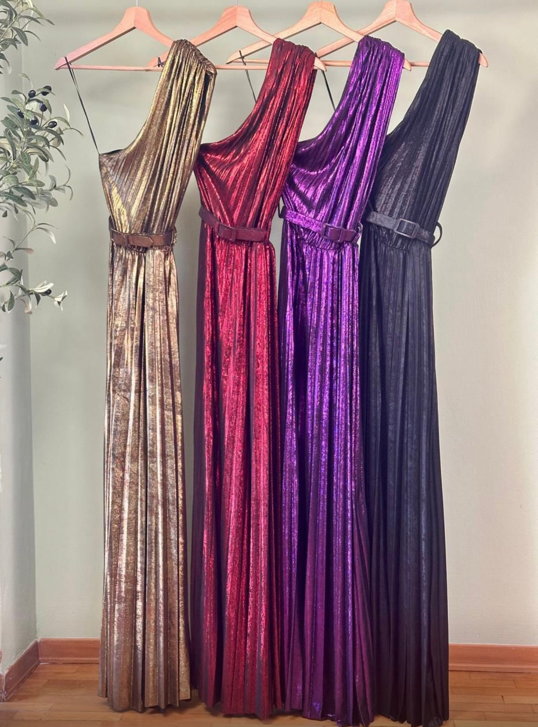 Lc one shoulder pleated metallic maxi dress