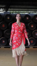 Load image into Gallery viewer, K Embroidery wrap around dress with gold fringe
